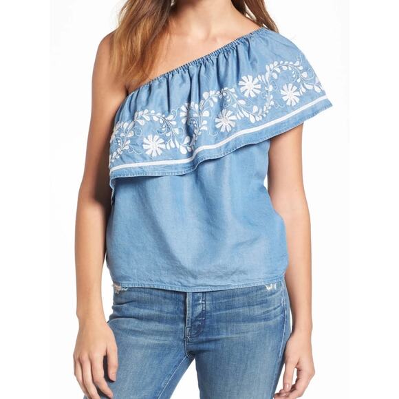 Rebecca Minkoff Rita Denim Chambray One Shoulder Embroidered Blouse Top Blue S - Picture 2 of 12